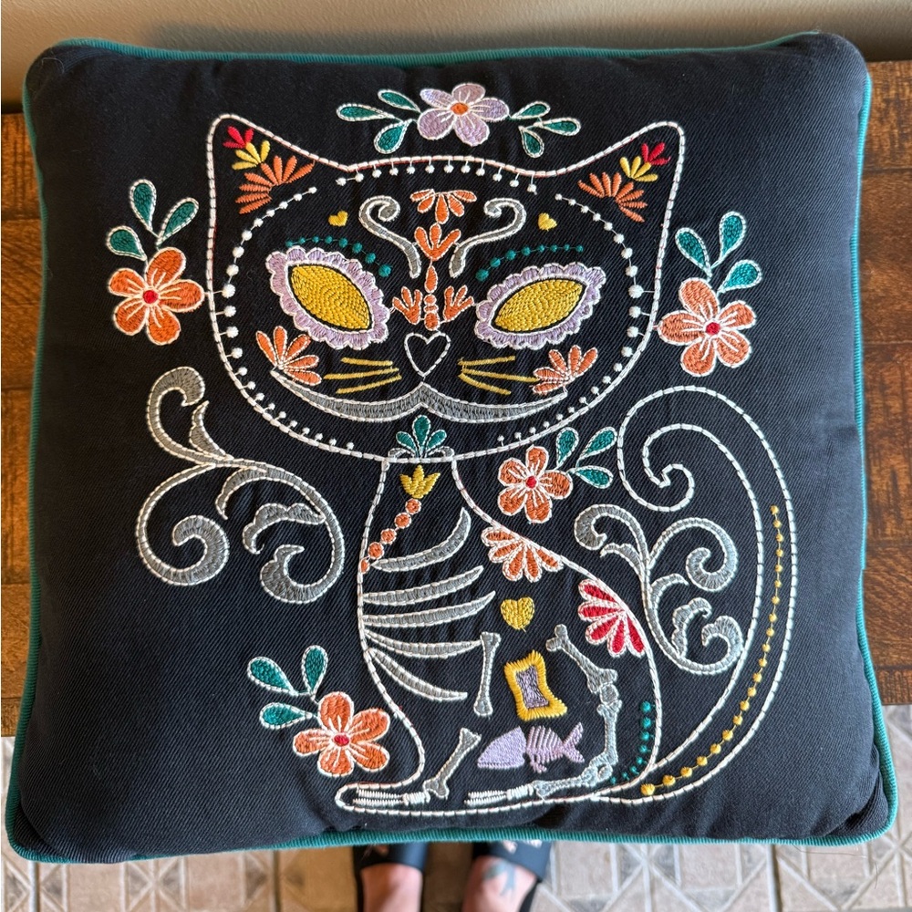 HTF! Pier One Sugar Skull/ Day of the Dead Embroidered Cat Pillow NWOT